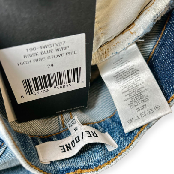 NWT Redone High Rise Stove Pipe Jeans Brisk Blue w Rips Straight Size 24 fits 25 - Picture 4 of 8